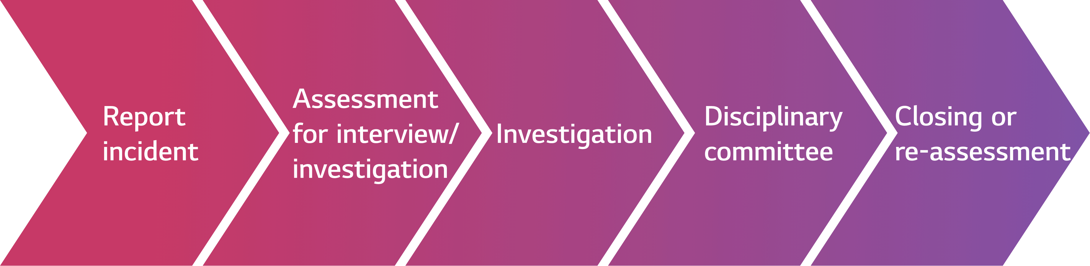 Report incident → Assessment for interview / investigation → Investigation → Disciplinary committee → Closing or re-assessment